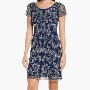 Pisarro Nights beaded mesh cocktail sequin sheath dress, navy blue 8